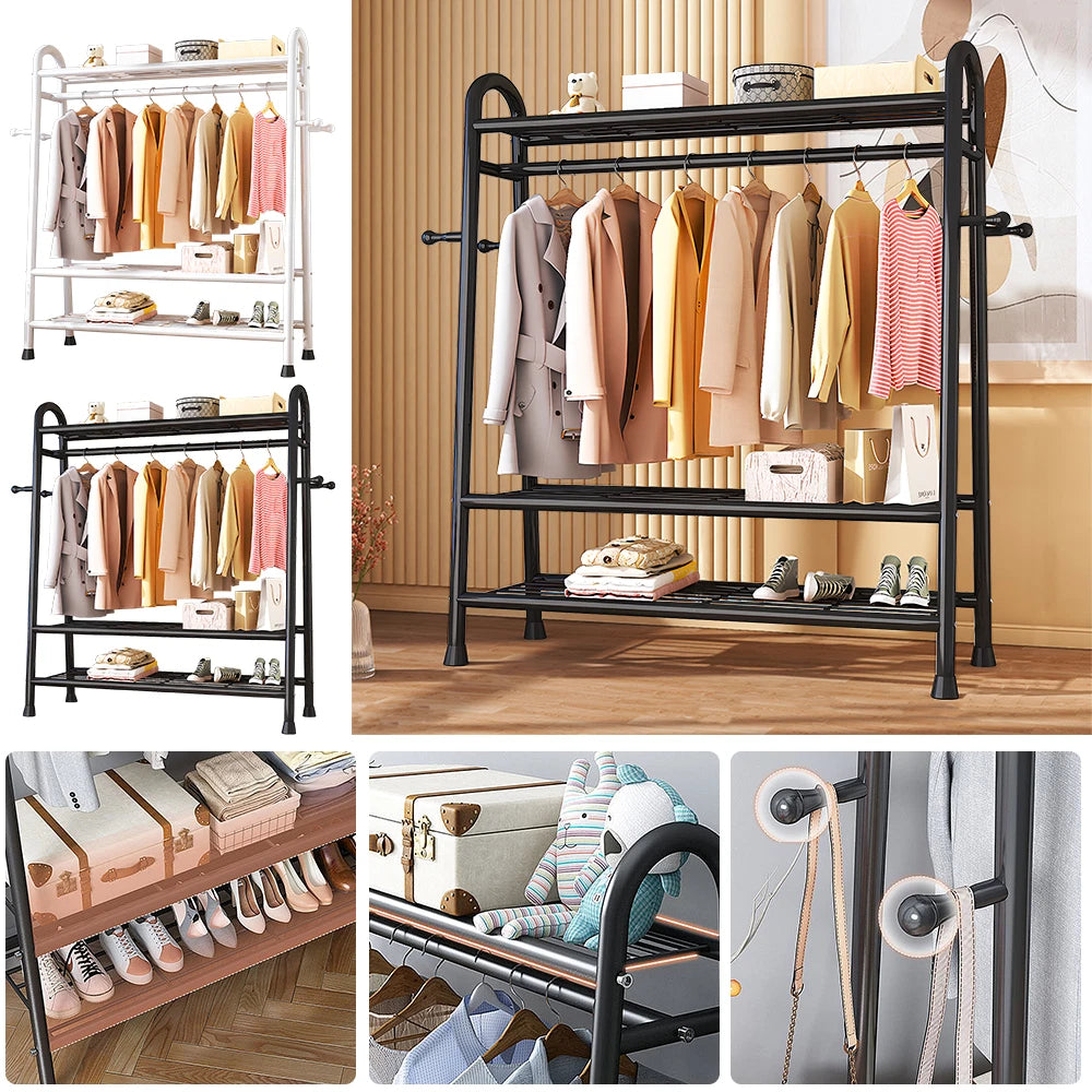 Heavy Duty Double Clothes Rail Rack Garment Hanging Stand Open Wardrobe Shelf UK