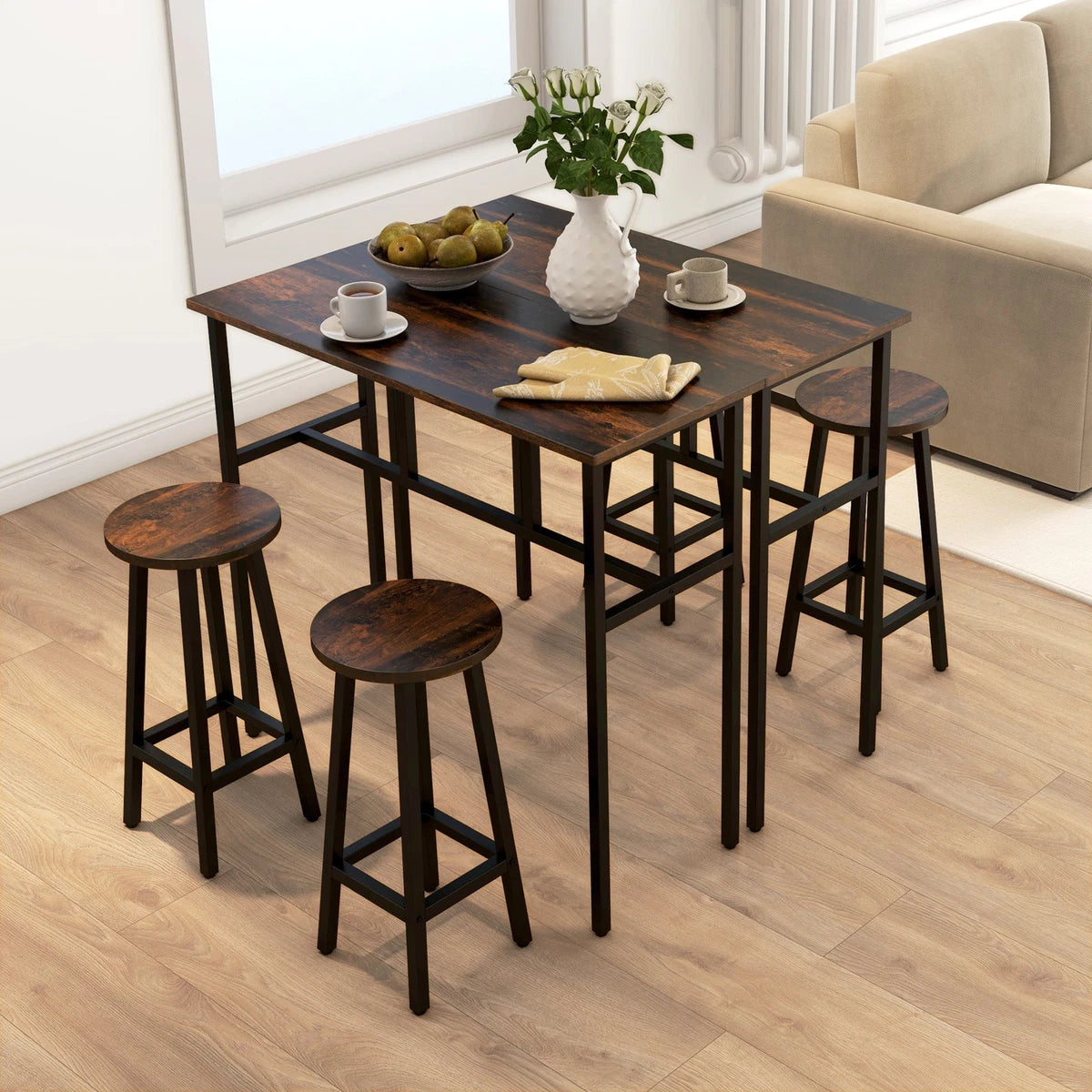 6-Piece Industrial Bar Table Set, 2 Kitchen Tables with 4 Stools, Brown