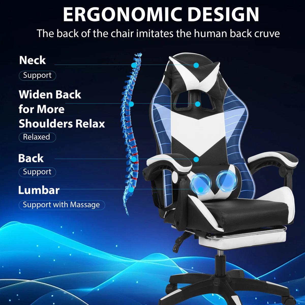 Gaming Chair Massage Computer Chair with Footrest and Lumbar Swivel PC Chairs
