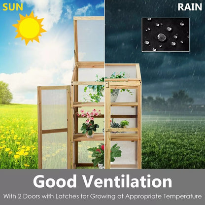 Mini Wooden Cold Frame Greenhouse Outdoor 3-Tier Raised Flower Planter Shelf