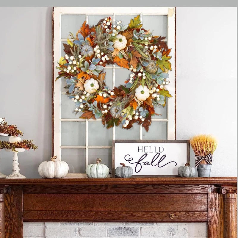 Halloween Fall Autumn Decor Wreath Pumpkin Maple Leaf Garland Front Door Window