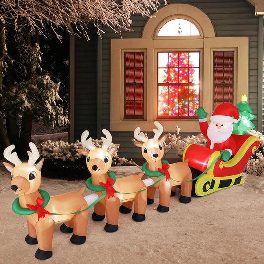 10FT Christmas Inflatable Santa Claus on Sleigh Reindeer LED Lighted Decoration
