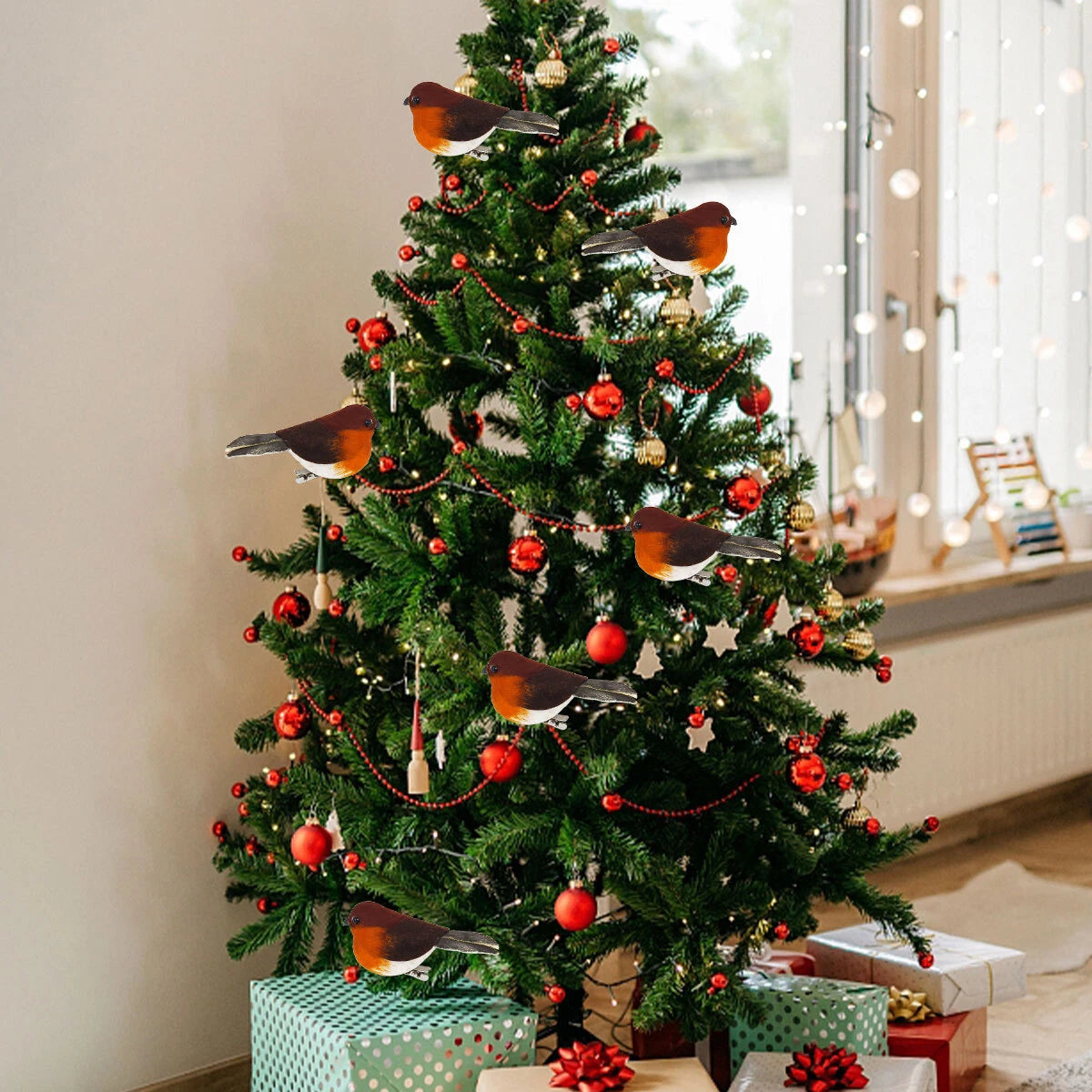 6x Mini Clip On Robins Cute Festive Tree Bird Simulation Feather Decoration