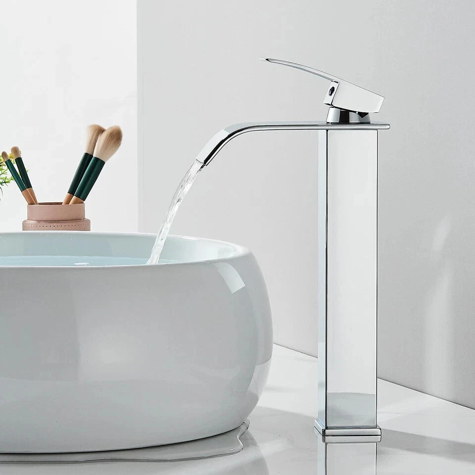 Tall Cloakroom Waterfall Basin Mixer Tap Mono Tall Bathroom Sink Tap Chrome + Fixings