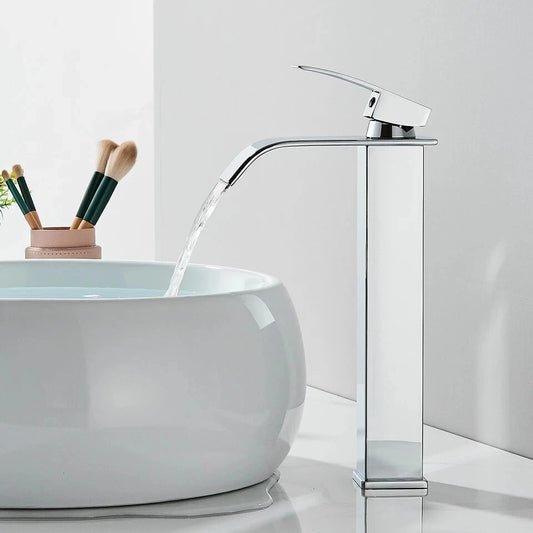Tall Cloakroom Waterfall Basin Mixer Tap Mono Tall Bathroom Sink Tap Chrome + Fixings