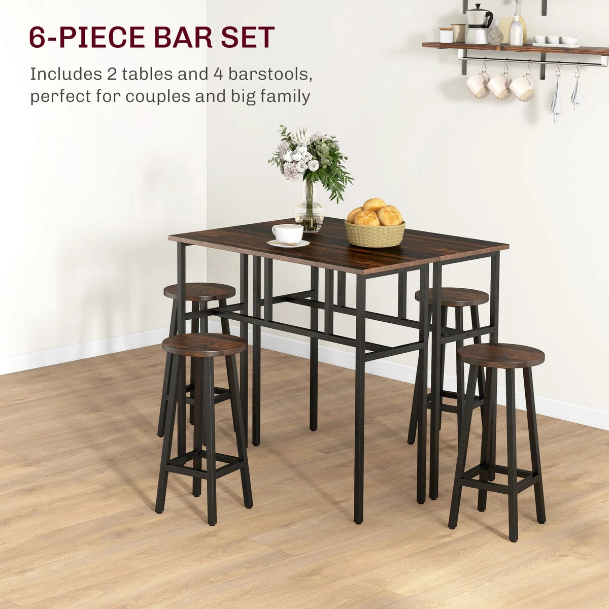 6-Piece Industrial Bar Table Set, 2 Kitchen Tables with 4 Stools, Brown