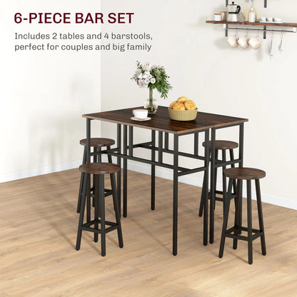 6-Piece Industrial Bar Table Set, 2 Kitchen Tables with 4 Stools, Brown