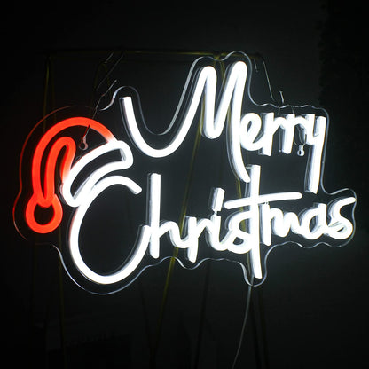Merry Christmas Hat Led Neon Light, White Letters Acrylic Neon Light Signs