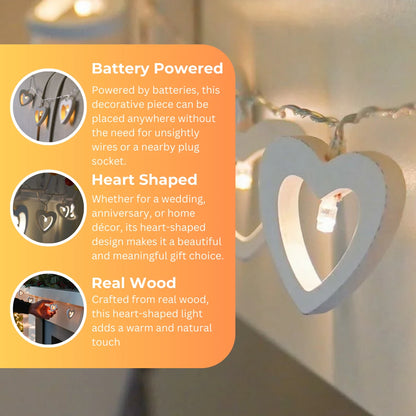 1.5m Battery Wooden Love Heart Warm White LED Indoor Fairy String Wire Lights