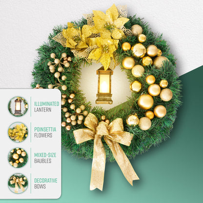 40cm Christmas Wreath with Bows Baubles & Lantern