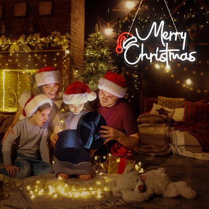 Merry Christmas Hat Led Neon Light, White Letters Acrylic Neon Light Signs