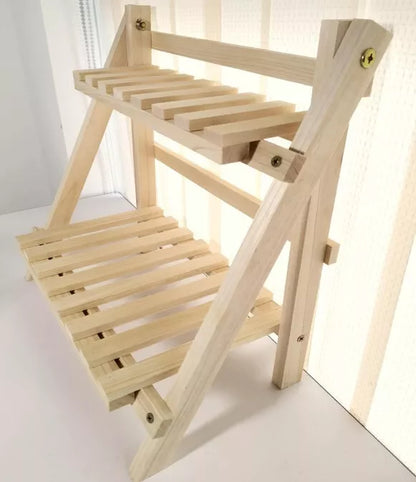 2-Tier Foldable Storage Rack Wooden Ladder Shelf Free-Standing for Home Decor