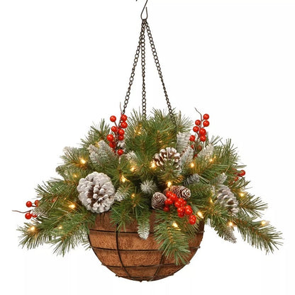 Artificial Christmas Hanging Basket, w/Led Light& Frosted Pine Cones Berry Decor