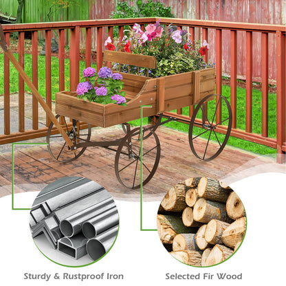 Wagon Garden Planter, Decorative Plant Pot Stand with Rotatable Handle & 4 Wheels