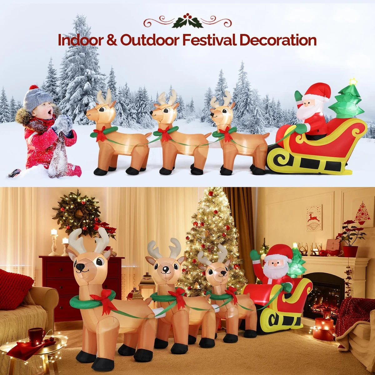 10FT Christmas Inflatable Santa Claus on Sleigh Reindeer LED Lighted Decoration