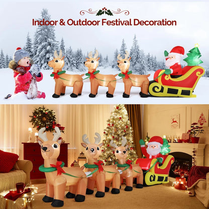 10FT Christmas Inflatable Santa Claus on Sleigh Reindeer LED Lighted Decoration