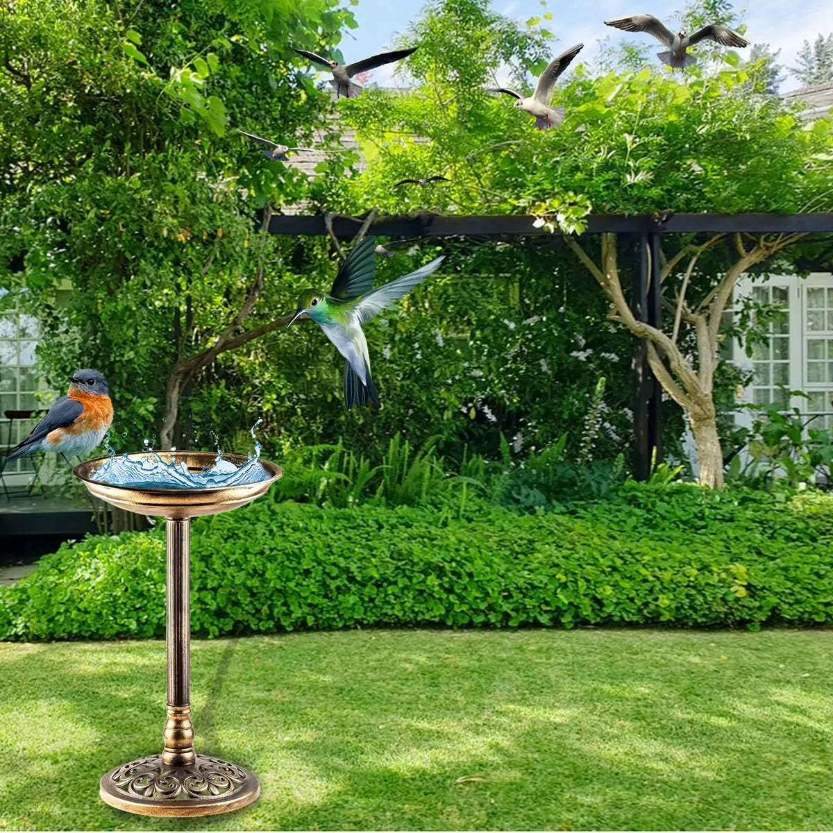 Outdoor Patio Garden Bird Bath Traditional Ornament Pedestal Birds Water Bowl