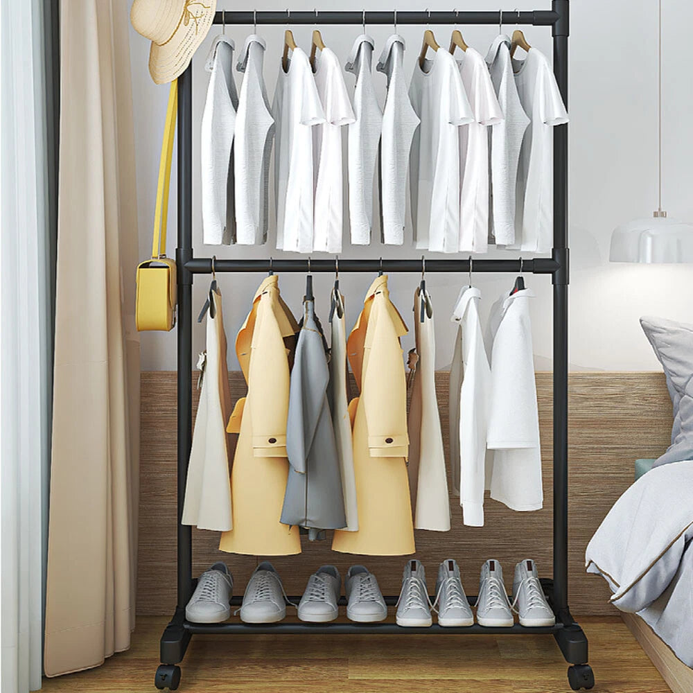 2 Tiers Clothes Rail Rack Garment Hanging Stand Shoe Storage Shelf Open Wardrobe