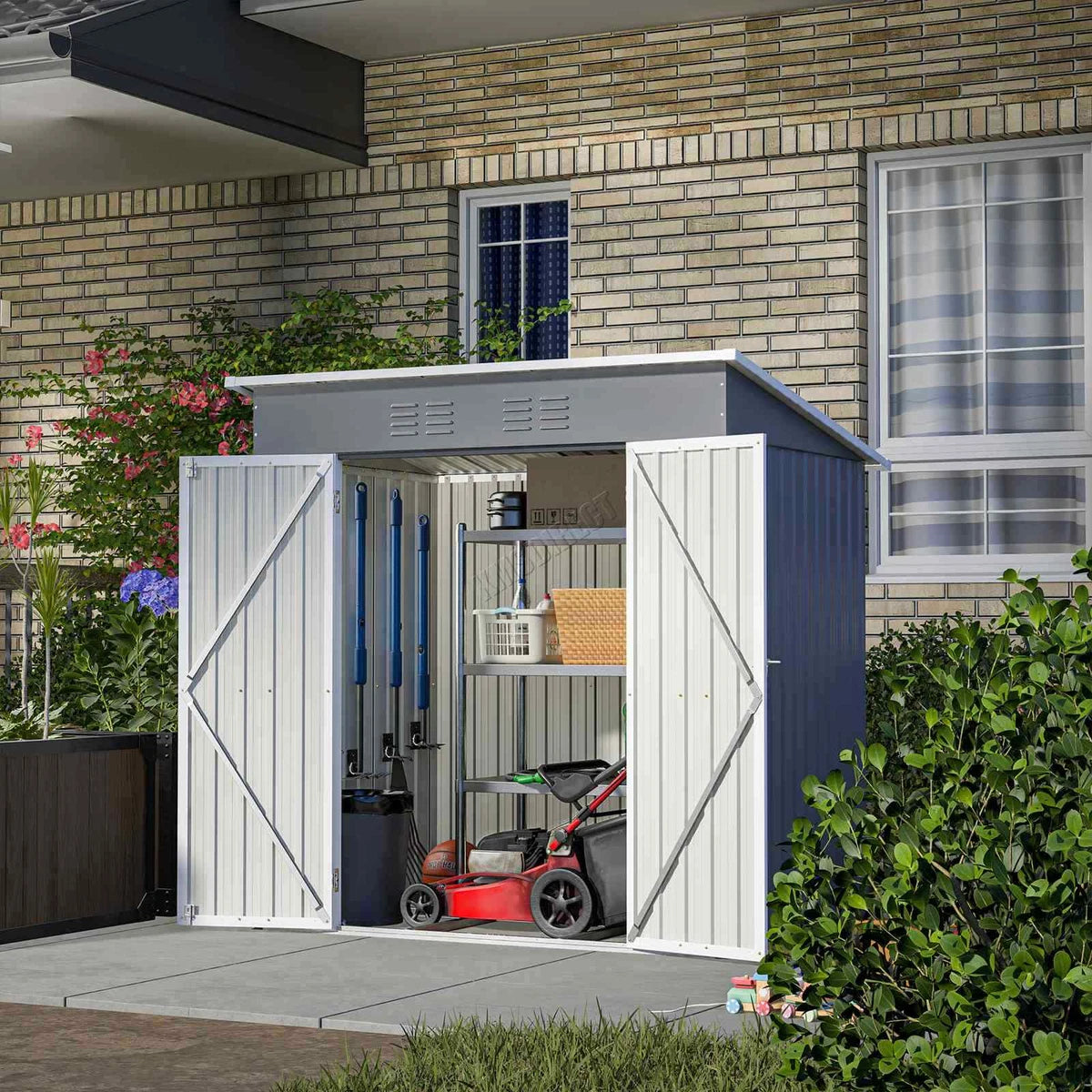 4X6FT Garden Metal Shed Storage House Pent Roof With Free Foundation Base Grey