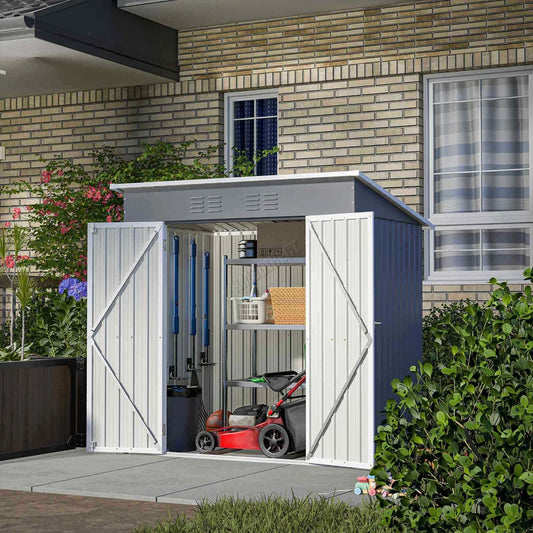 4X6FT Garden Metal Shed Storage House Pent Roof With Free Foundation Base Grey