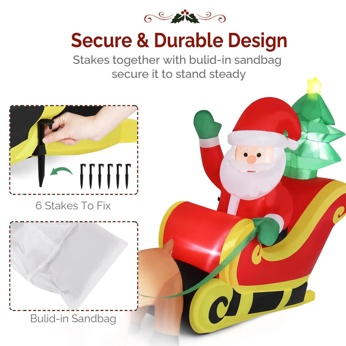 10FT Christmas Inflatable Santa Claus on Sleigh Reindeer LED Lighted Decoration