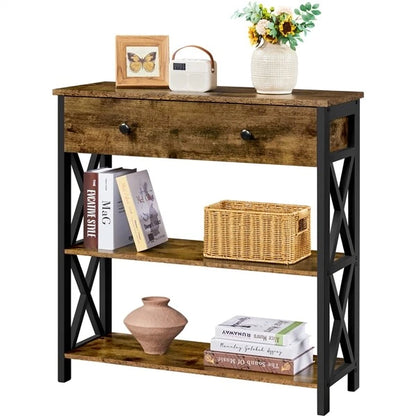 Console Table with Drawer and 2 Open Storage Shelves for Living Room Hallway
