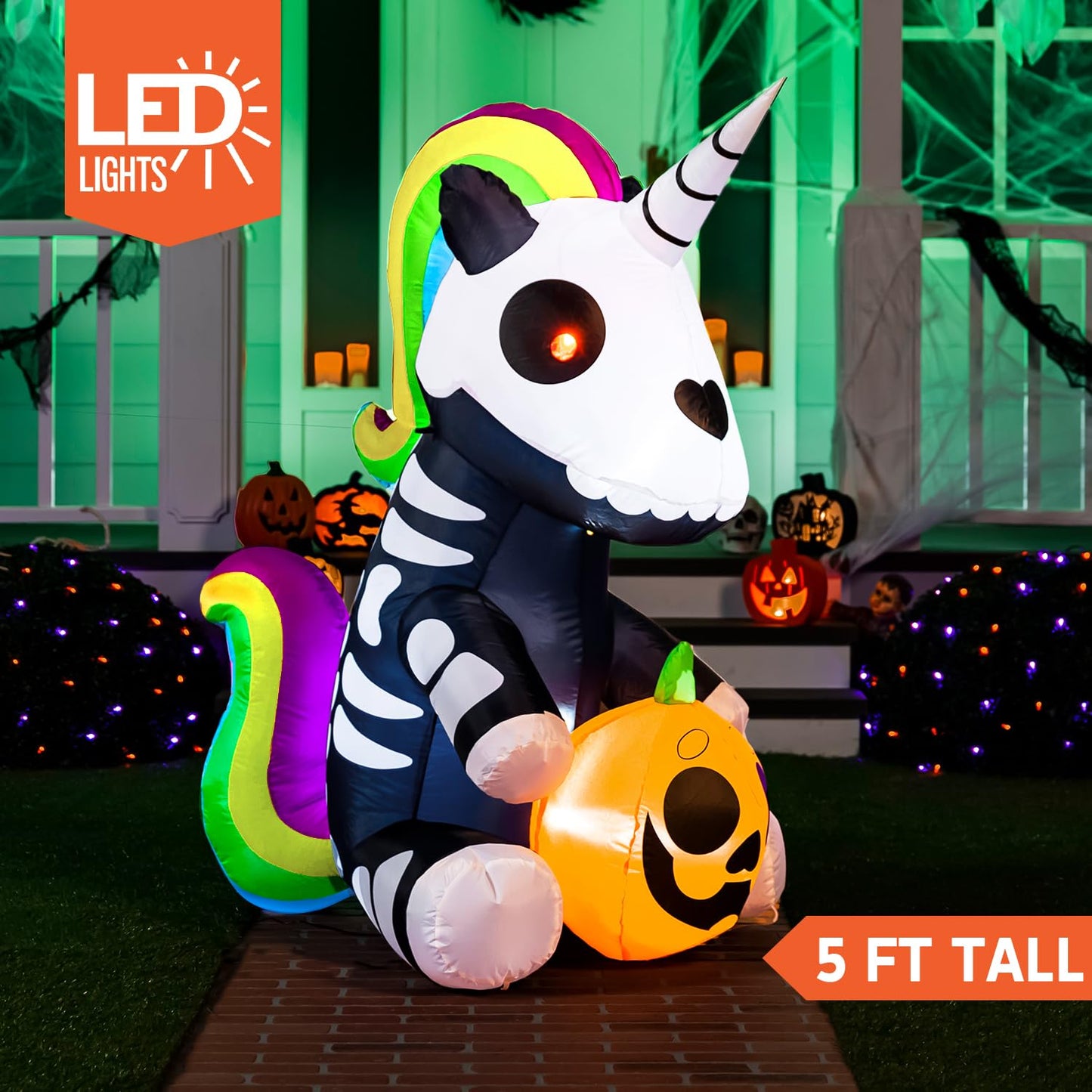 5FT Inflatable Skeleton Unicorn, Lighted Halloween Yard & Outdoor Decoration