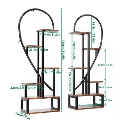 6 Tier Metal Plant Stand Indoor Half Heart Shaped Flower Shelf W/ Hanging Hooks