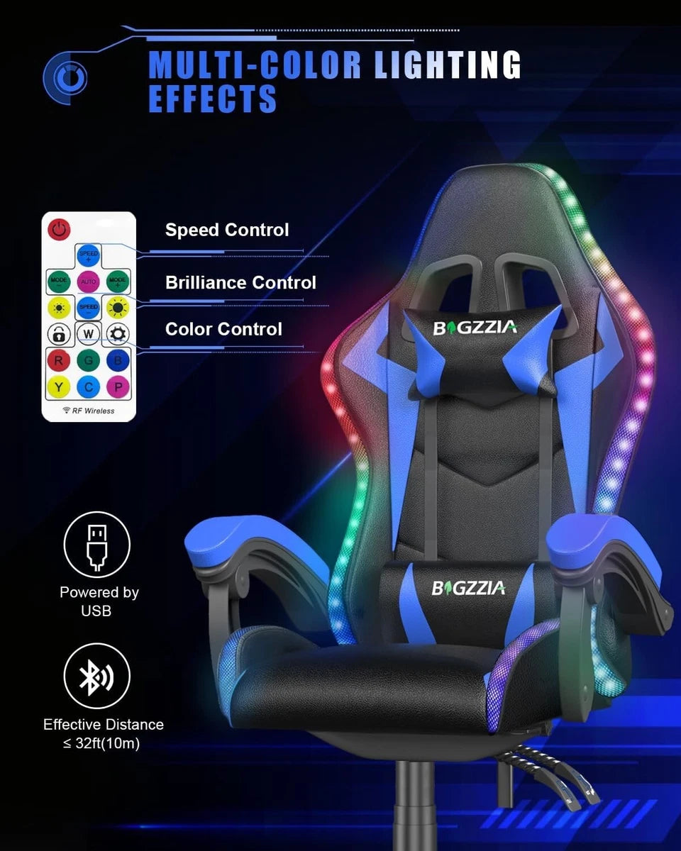 RGB Gaming Chair with LED Lights & Ergonomic Computer Chair Reclining Blue