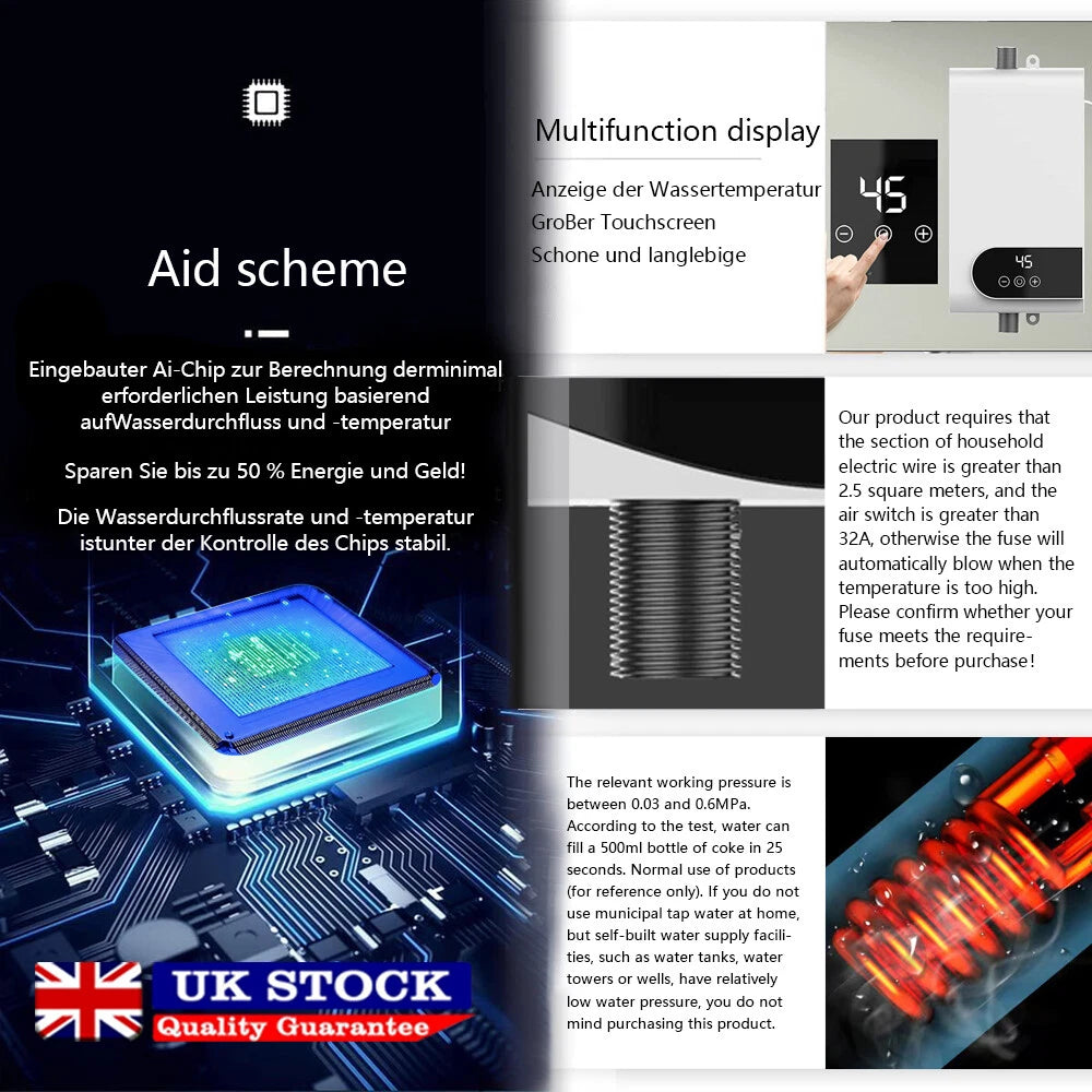 Electric Tankless Instant Water Heater Shower Head Kitchen Under Sink Bathroom