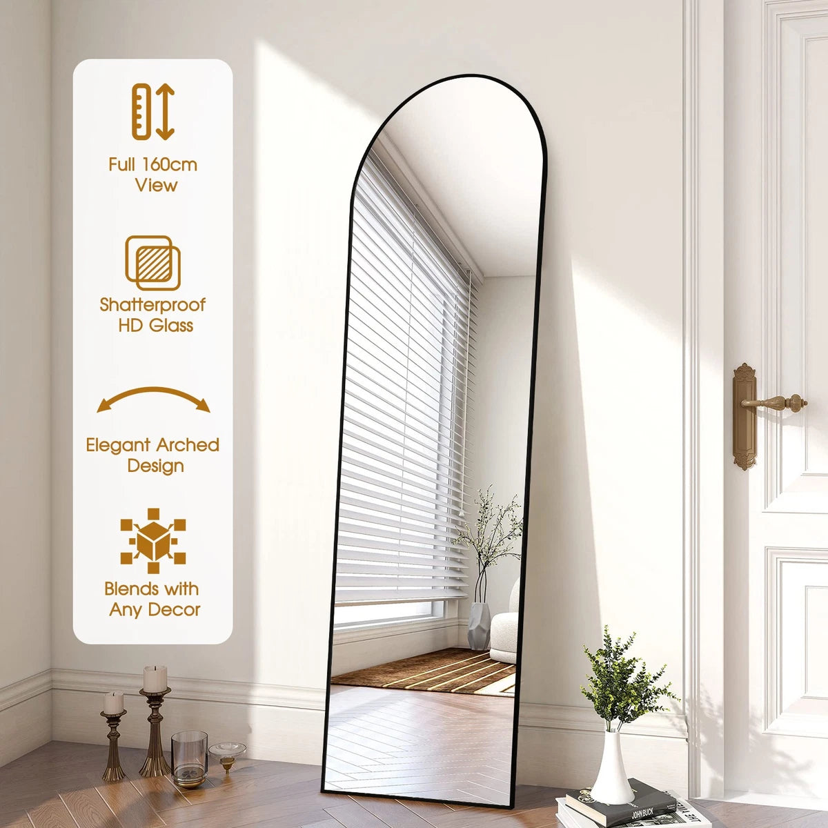 Large Arch Mirror Full Length, Big Arched Metal Standing Full Body Floor Mirror