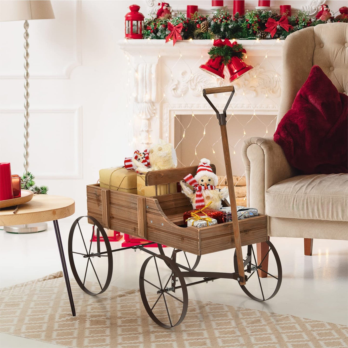 Wagon Garden Planter, Decorative Plant Pot Stand with Rotatable Handle & 4 Wheels