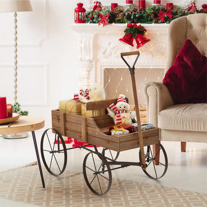 Wagon Garden Planter, Decorative Plant Pot Stand with Rotatable Handle & 4 Wheels