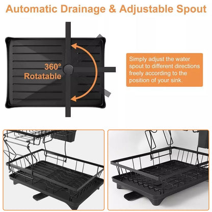2 Tier Dish Drainer Rack Cutlery Holder Plate Rack Kitchen Sink with Drip Tray