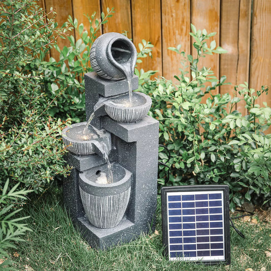Solar Tiered Water Feature Fountain LED Lights Garden Yard Cascade Statues Pump