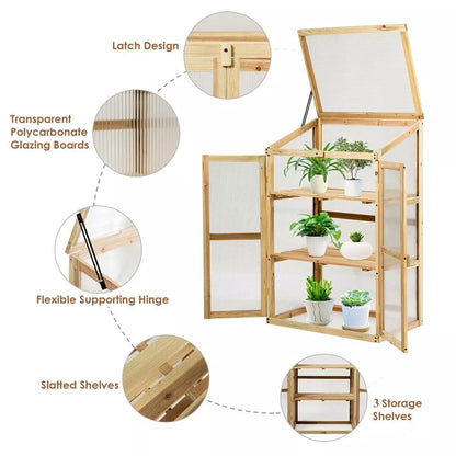 Mini Wooden Cold Frame Greenhouse Outdoor 3-Tier Raised Flower Planter Shelf