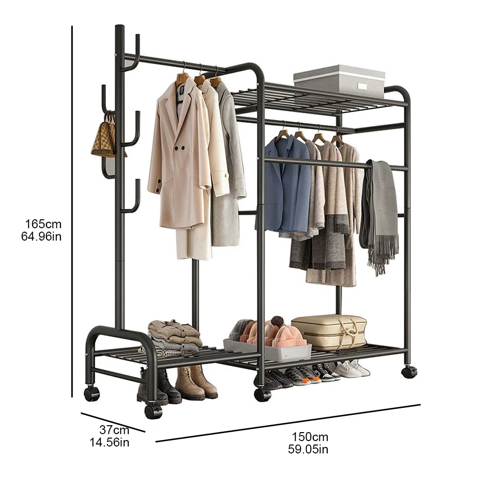 Heavy Duty Double Clothes Rail Rack Garment Hanging Stand Open Wardrobe Shelf UK
