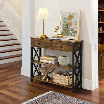 Console Table with Drawer and 2 Open Storage Shelves for Living Room Hallway