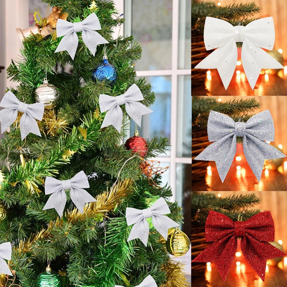 10Pcs Glitter Bows Christmas Tree Big Bowknot Ornaments Xmas Party Present Gifts