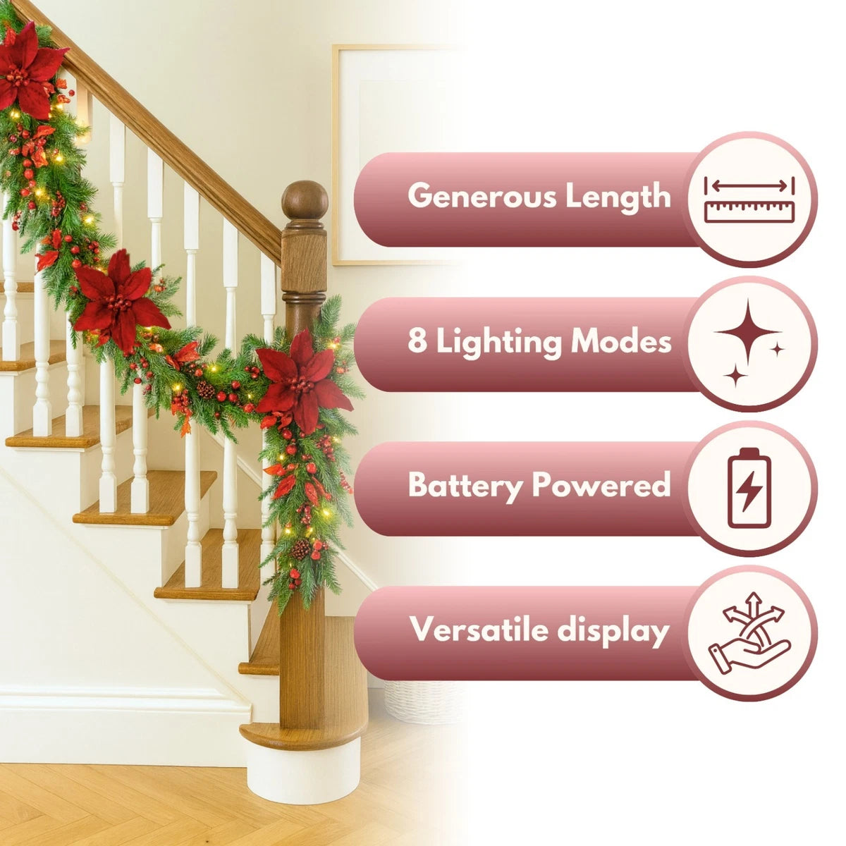 Christmas Light Up Garland 9ft Artificial Luxury Red Poinsettia Warm White LED's