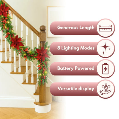 Christmas Light Up Garland 9ft Artificial Luxury Red Poinsettia Warm White LED's