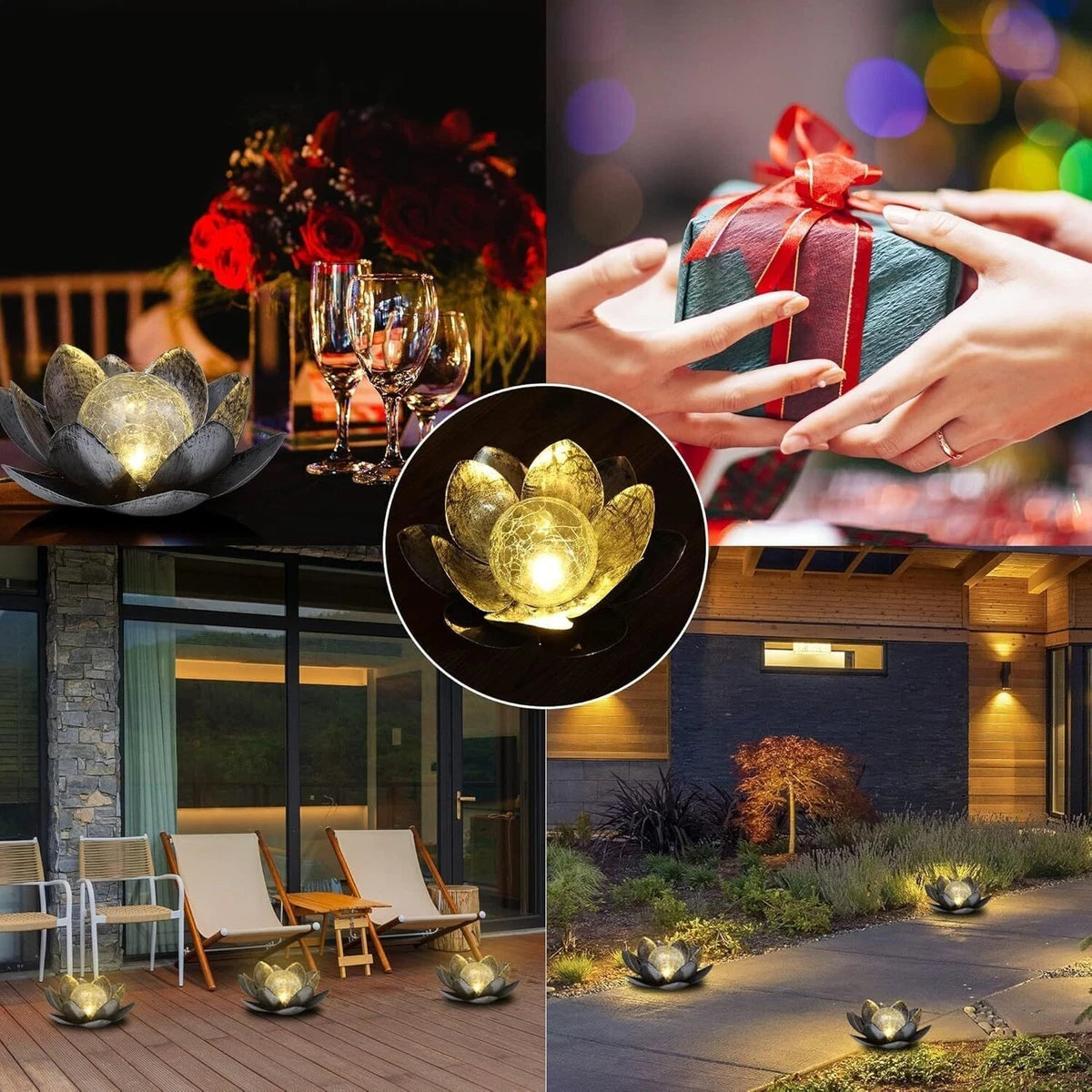 Solar Lotus Flower Light LED  Silver Glass Crackle Ball Ornament 28cm