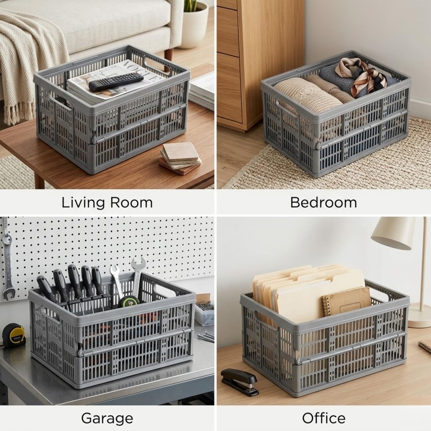32L Collapsible Plastic Storage Crate Box Stackable Office Garage Assorted UK