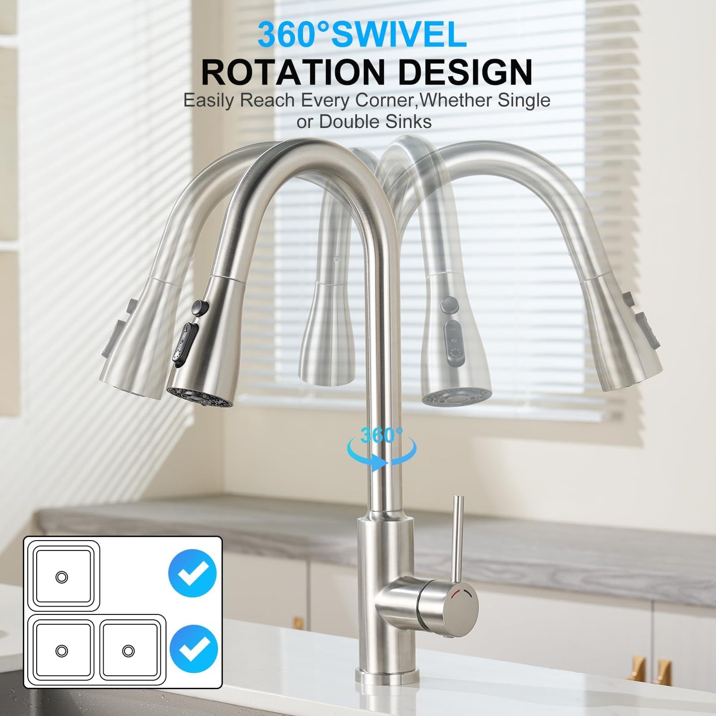 Kitchen Sink Mixer Taps, Pull Out Hose Brushed Stainless Steel 4 Spary Modes,360° Swivel