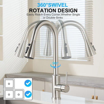 Kitchen Sink Mixer Taps, Pull Out Hose Brushed Stainless Steel 4 Spary Modes,360° Swivel