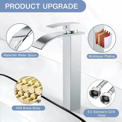 Tall Cloakroom Waterfall Basin Mixer Tap Mono Tall Bathroom Sink Tap Chrome + Fixings