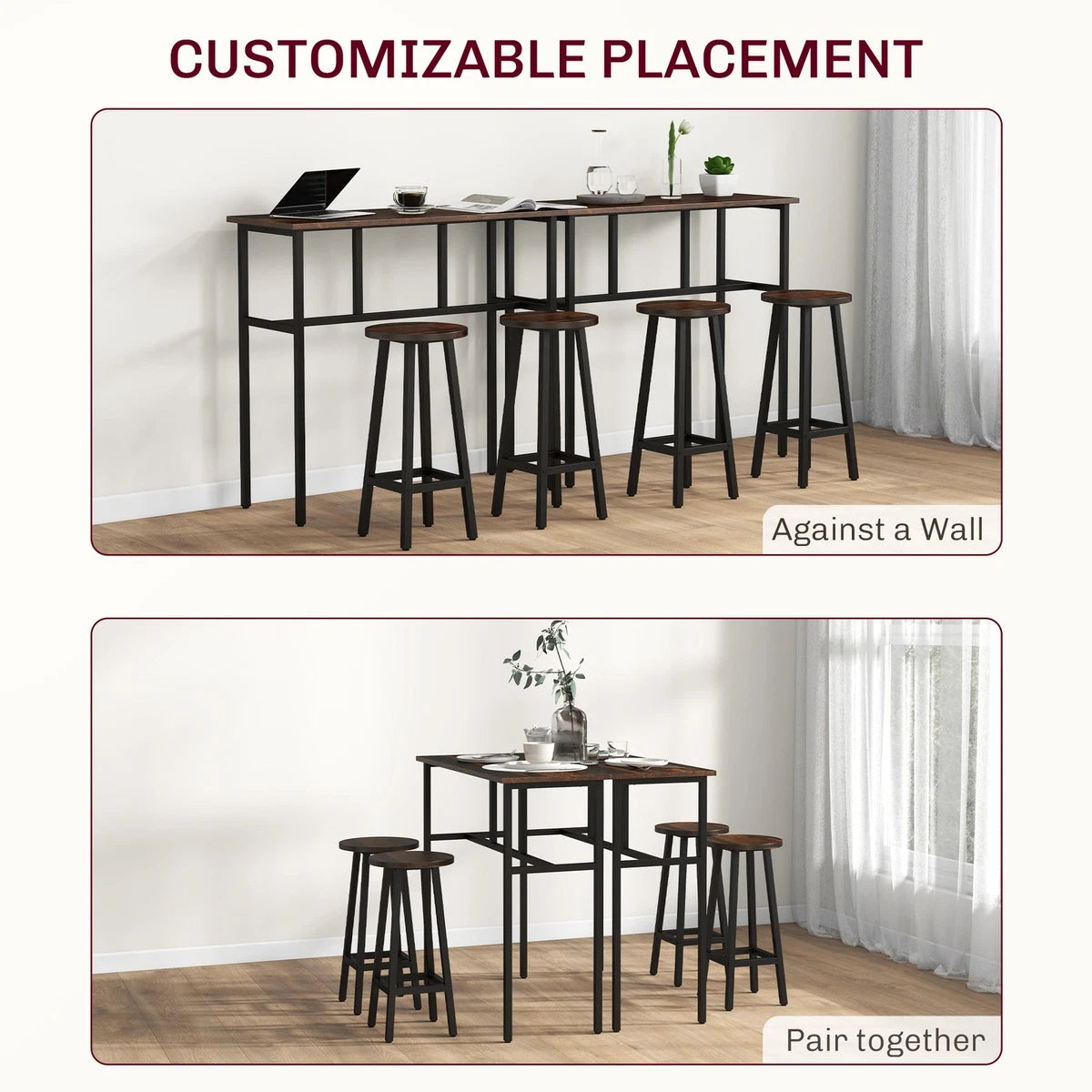 6-Piece Industrial Bar Table Set, 2 Kitchen Tables with 4 Stools, Brown