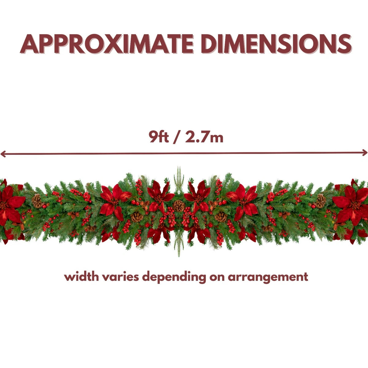 Christmas Light Up Garland 9ft Artificial Luxury Red Poinsettia Warm White LED's