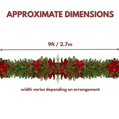 Christmas Light Up Garland 9ft Artificial Luxury Red Poinsettia Warm White LED's