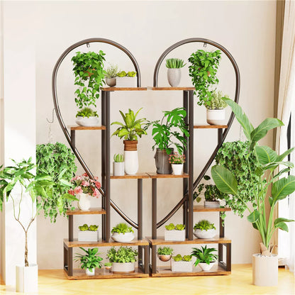 6 Tier Metal Plant Stand Indoor Half Heart Shaped Flower Shelf W/ Hanging Hooks